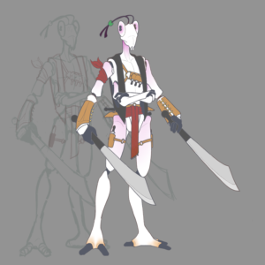 Character art of a mantis-like blade-dancer wielding two swords