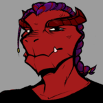 Red dragon born captain with hair tied back in a braid