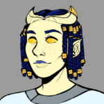 Light-yellow skinned tiefling woman with blue locs