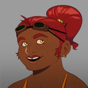 Dark-skinned dwarf with red hair and goggles