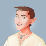 A bright and cheery half-elf with a pendant around his neck