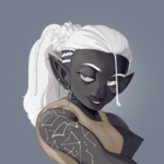 White-haired deep gnome looking over her shoulder and sporting a constellation tattoo