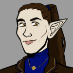 Smug elven reporter with a cobalt blue turtleneck