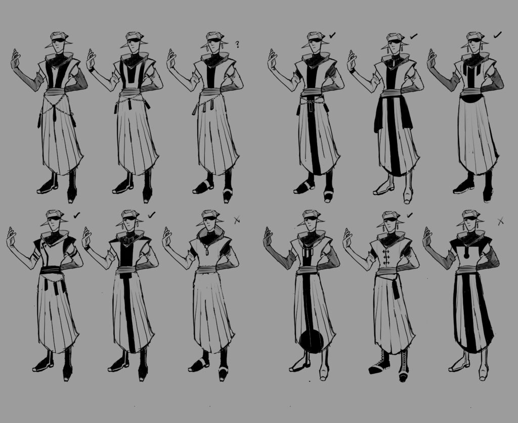 Character sheet showing different iterations of an outfit's design